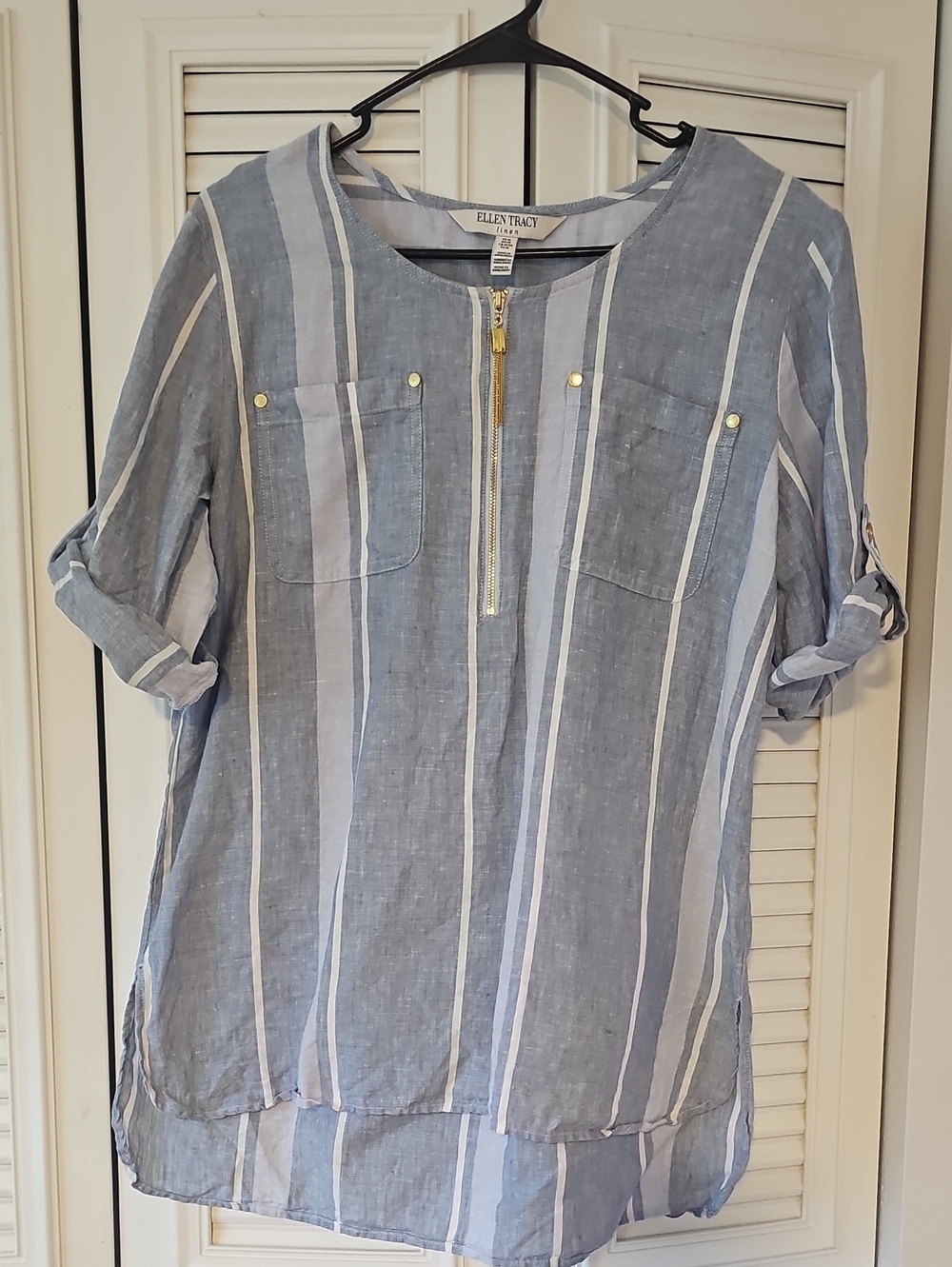 Ellen Tracy Light Blue & White Striped Zip-Front Tunic Blouse